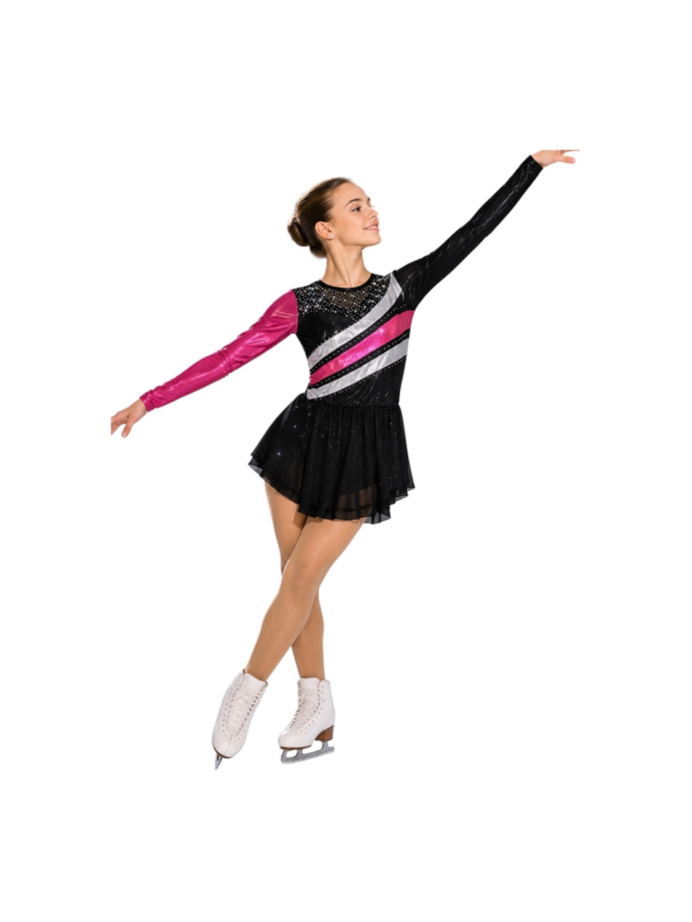 TBATOM NWT Figure Skating Dress XL Black Hot Pink Silver Rhinestone Competition